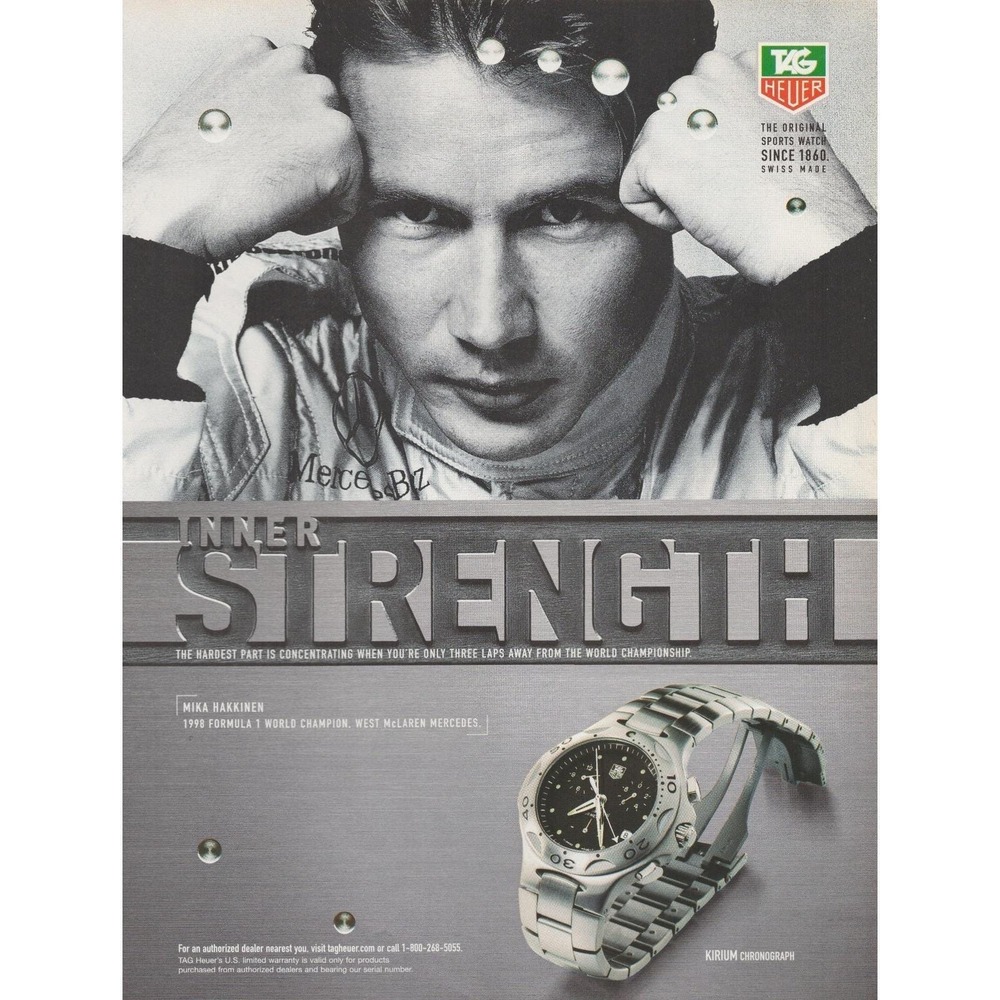 Vintage 1999 TAG Heuer Mika Hakkinen Formula 1 Watch Print Ad 1990s Luxury Watch